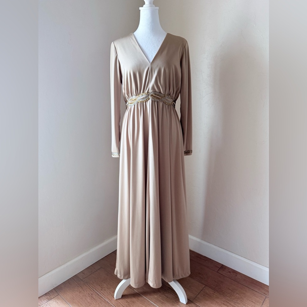 1970s Vintage Hartly Westwood Goddess V-Neck Metallic Beaded Jersey Maxi Dress S